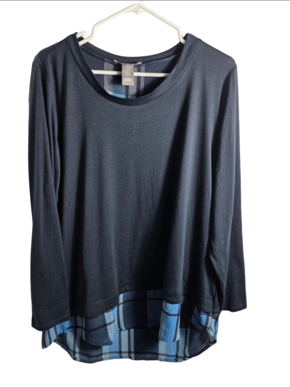 Women's Kate & Mallory Long Sleeve Tee XL Navy Blue Plaid Back Zip NWT cozy fall